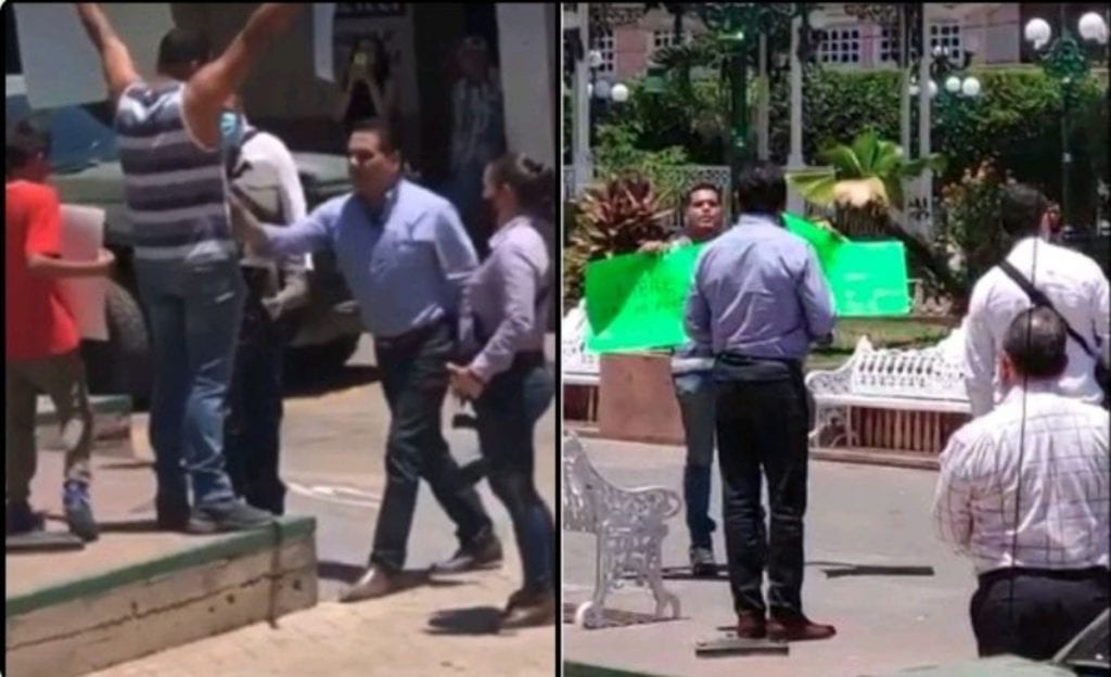 Silvano Aureoles Conejo, Gobernador de Michoacán, discutió con un habitante del municipio de Aguililla, al que empujó tras una serie de dimes y diretes.