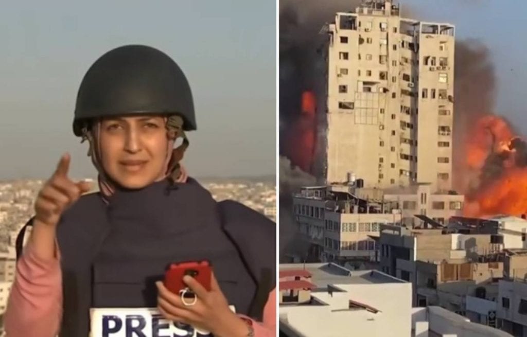 En un video en vivo quedó registrado cuando una reportera y su compañero camarógrafo vieron de cerca cómo un proyectil impactó de lleno a un edificio en Gaza.