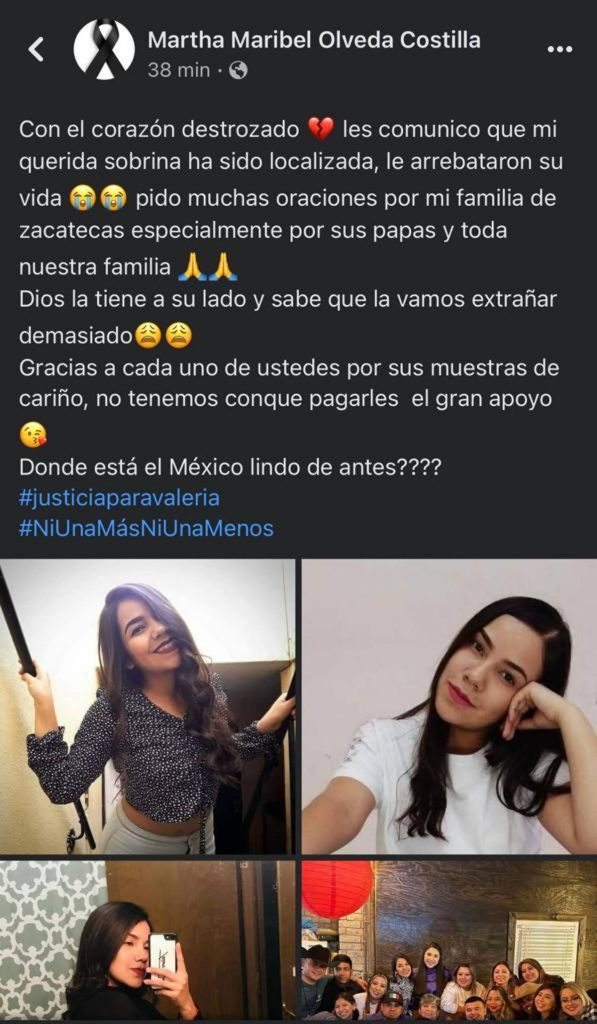 Familiares de Valeria Calderón, joven desaparecida en Zacatecas, confirmaron que fue localizada sin vida.