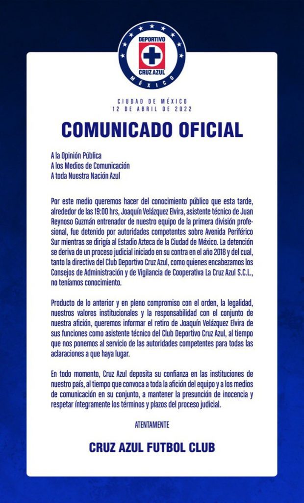 Comunicado del equipo Cruz Azul respecto a la situación de Joaquín Velázquez.