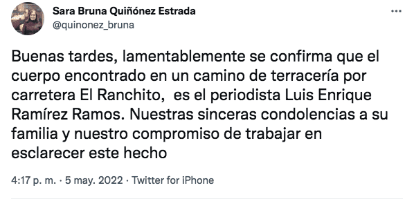El cuerpo del periodista Luis Enrique Ramírez fue encontrado en un camino de terracería en las cercanías del ejido El Ranchito